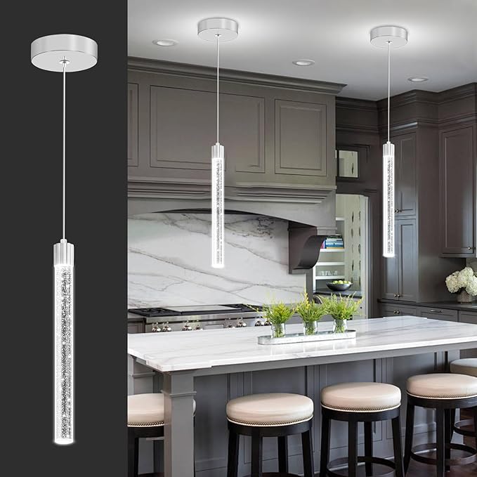 Modern Mini Crystal Pendant Light for Kitchen Island Dimmable LED Adjustable Crystal Column Chandelier Lighting Hanging Pendant Lighting 1 Light Silver