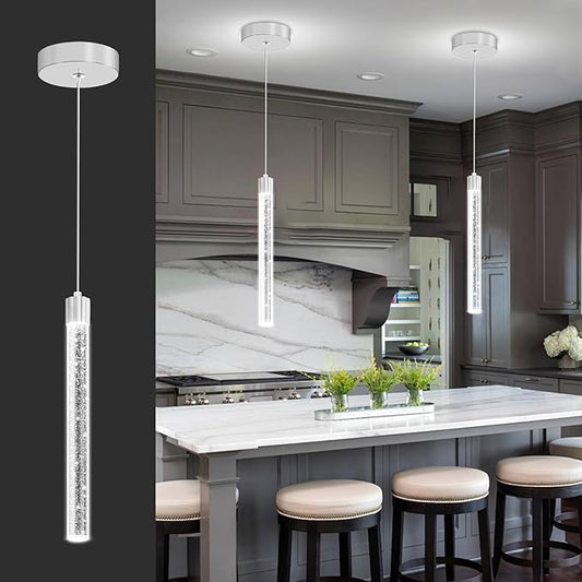 Modern Mini Crystal Pendant Light for Kitchen Island Dimmable LED Adjustable Crystal Column Chandelier Lighting Hanging Pendant Lighting 1 Light Silver