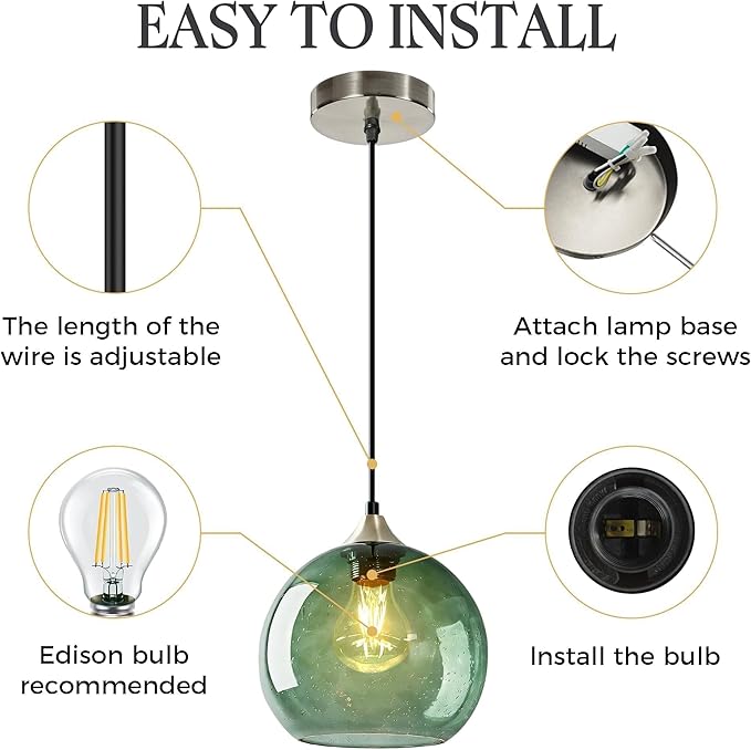 Gray Green Glass Pendant Light, 1 Pack Modern Ceiling Light Fixture with 1 Bulb, 4.92ft Adjustable Cord, Lighting for Kitchen Island, Dining Room, Living Room, Entryway(7.1Inch)