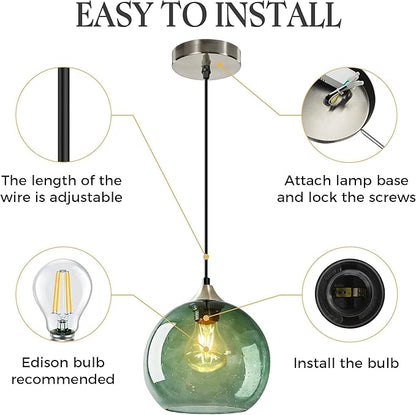 Gray Green Glass Pendant Light, 1 Pack Modern Ceiling Light Fixture with 1 Bulb, 4.92ft Adjustable Cord, Lighting for Kitchen Island, Dining Room, Living Room, Entryway(7.1Inch)