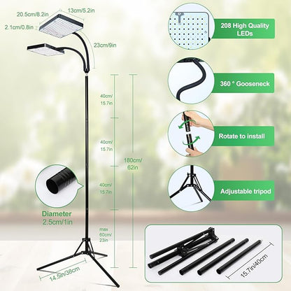 FRGROW 2026 2Head Full Spectrum Grow Light with Stand, 50 Watt Bright Grow Lights for Indoor Large Plants, Tall Bonsai Tree, Auto On/Off Daily Timer(4/8/12/16/20H), Adjustable Stand 24"-78"