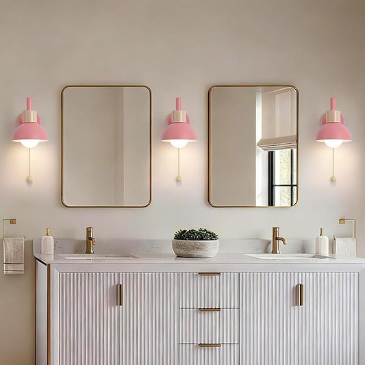 1-Light Nordic Bathroom Wall Sconce with Pull Chain Switch, Modern Vanity Wall Lamp, Bedside Wall Lights for Mirror Kitchen Living Room Hallway Cabinet Porch(Pink)