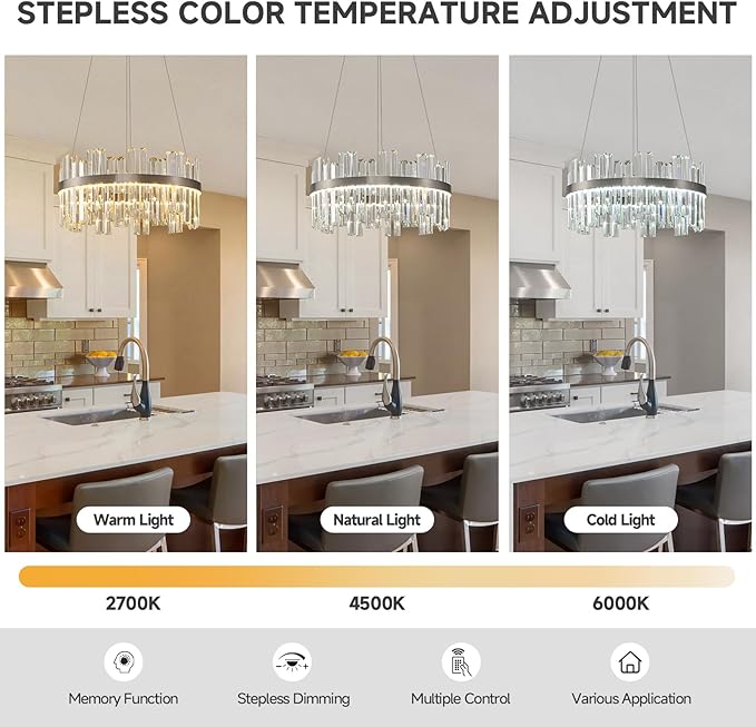 Nickel Led Modern Crystal Chandelier: 19.7" Round Contemporary 3 Color Dimmable Dining Room Light Fixture over Table - Adjustable Lighting Chandelier for Bedroom Living Kitchen Island Entryway Foyer