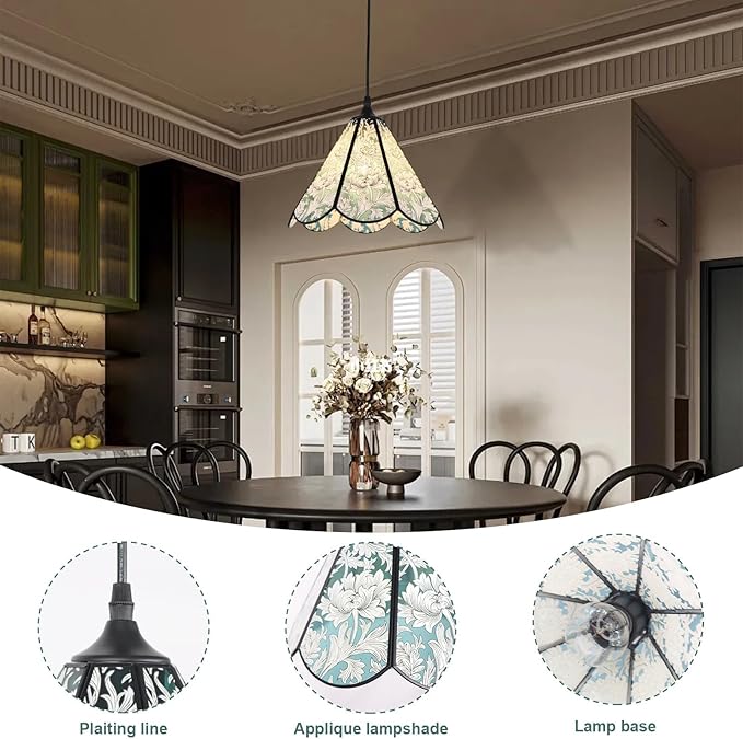 Floral Handcrafted Glass Pendant Light Fixture, Tiffany Pendant Light with Artisanal Applique, Perfect for Dining Tables and Kitchen Islands