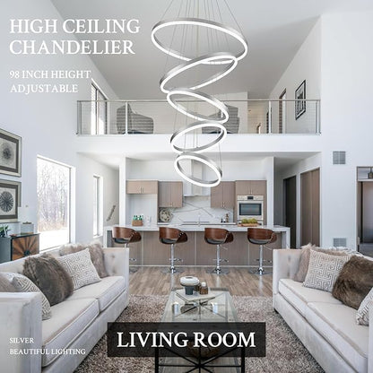 Modern LED Chandelier for Foyer Dimmable Silver High Ceiling Chandeliers Foyer with Remote Control for Entryway Dining Room Living Room Staircase, 3000K-6500K(5-Rings D23.6’’)