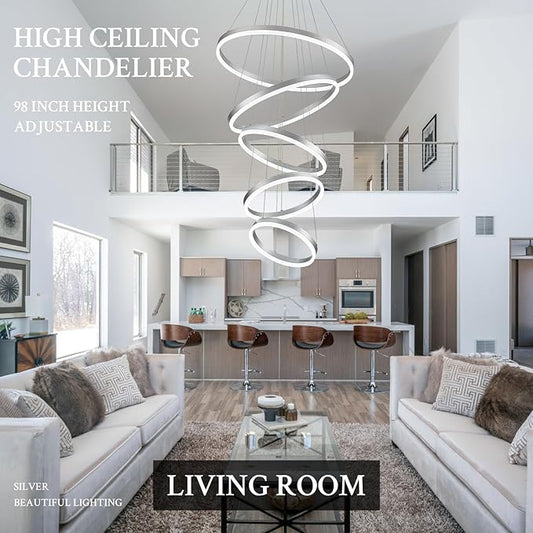 Modern LED Chandelier for Foyer Dimmable Silver High Ceiling Chandeliers Foyer with Remote Control for Entryway Dining Room Living Room Staircase, 3000K-6500K(5-Rings D23.6’’)