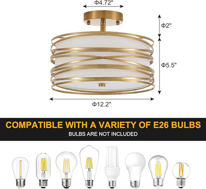 Drum Semi Flush Mount Ceiling Light Fixture, Gold Matal & Linen Fabric Shade Ceiling Light, Modern Farmhouse Close to Ceiling Light for Bedroom, Hallway, Entryway, Dining Room, Laundry Room