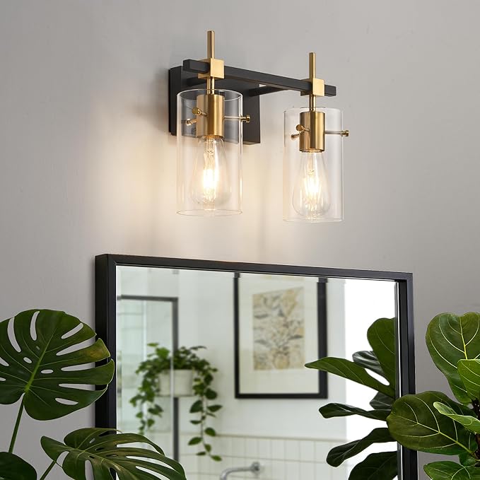 SOLFART Vintage Vanity Light Fixtures Wall Light for Bathroom Over Mirror Light with Glass Shade Light Fixtures (2 Lights-Exclude Bulb)