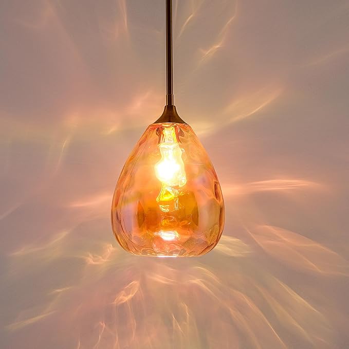 Colorful Amber Hammered Glass Pendant Light with Brass Gold Accent, Adjustable Hanging Lamp for Kitchen, Dining Room, and Living Room