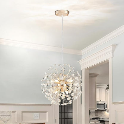 AGV LIGHTING Modern Crystal Chandelier Sputnik Dandelion Pendant Light Fixture, 6-Light Gold Chandelier for Dining Room Living Room Bedroom Foyer