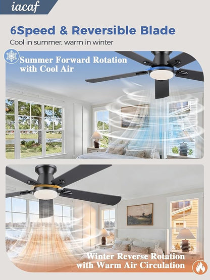 Ceiling Fans with Lights, 52'' Low Profile Ceiling Fan with Light and Remote/APP Control, Dimmable, Qiuet DC Motor, Flush Mount Ceiling Fan for Indoor Bedroom Living Room, Black