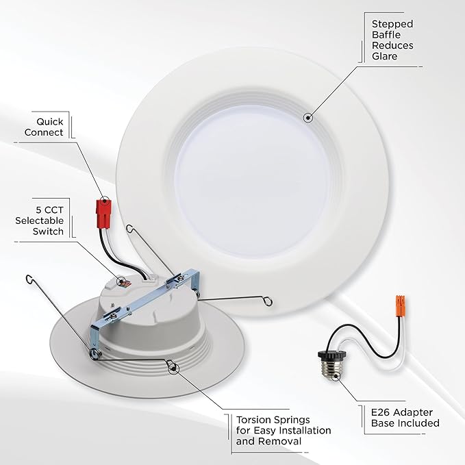 Satco LED Retrofit Downlight with Stepped Baffle, CCT Selectable 2700K/3000K/3500K/4000K/5000K, 5-6 Inch Round (High Lumen), White
