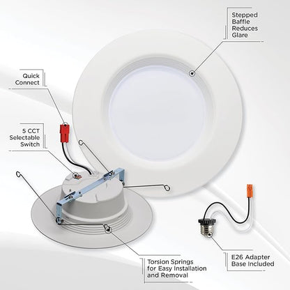 Satco LED Retrofit Downlight with Stepped Baffle, CCT Selectable 2700K/3000K/3500K/4000K/5000K, 5-6 Inch Round (High Lumen), White