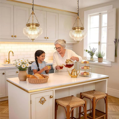 3-Light Brushed Antique Brass Pendant Light Fixtures with 12In Unique Thickened Glass, Vintage Pendant Lights Kitchen Island with Adjustable Chain, Hanging Light Fixtures for Entryway, E26*3
