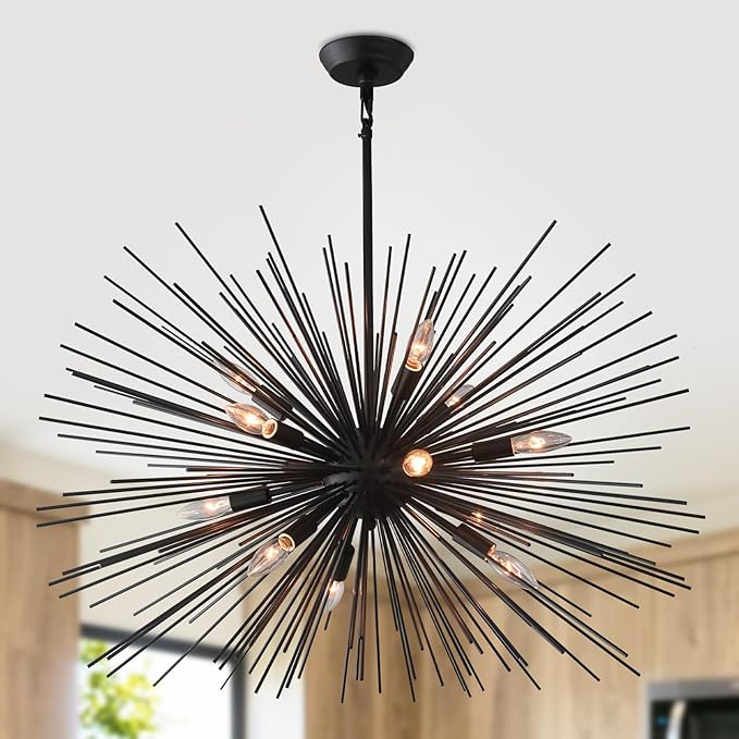 33.85" Black Sputnik Chandelier Vintage 12-Light Geometric Starburst Chandelier Light Fixture Large Solid Metal Black Sputnik Chandeliers for Dining Room, Kitchen, Bedroom, Living Room, E12