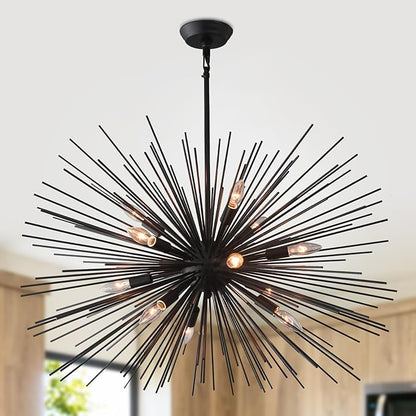 33.85" Black Sputnik Chandelier Vintage 12-Light Geometric Starburst Chandelier Light Fixture Large Solid Metal Black Sputnik Chandeliers for Dining Room, Kitchen, Bedroom, Living Room, E12