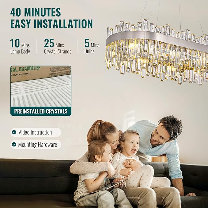 Siljoy Modern Crystal Chandelier, Luxury Rectangular 2-Tiers K9 Crystal Raindrop Chandelier, 16-Light Adjustable Hanging Crystal Ceiling Light for Dining Room Living Room Kitchen L35.4''