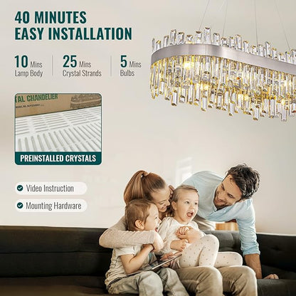 Siljoy Modern Crystal Chandelier, Luxury Rectangular 2-Tiers K9 Crystal Raindrop Chandelier, 16-Light Adjustable Hanging Crystal Ceiling Light for Dining Room Living Room Kitchen L35.4''