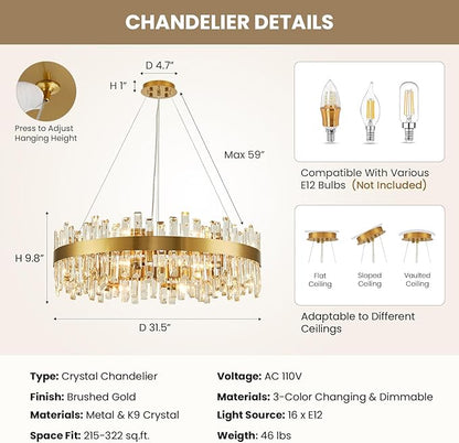 16-Light Modern Crystal Chandelier, Large Gold Round 2-Tiers K9 Crystal Chandelier, Luxury Flush Mount Crystal Pendant Ceiling Light for Dining Living Room Entryway Foyer D31.5''