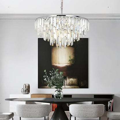 Chrome Crystal Chandelier for Dining Room, 24" Modern Luxury Chandeliers 5-Tier 8 Lights Contemporary Round Ceiling Pendant Light Fixture for Living Room Bedroom Foyer Entryway