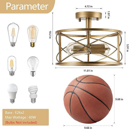 2-Light Semi Flush Mount Brushed Brass Ceiling Light Fixture, Farmhouse Industrial Metal Cage with Adjustable Height, Dimmable for Hallway Entryway Kitchen Bedroom Foyer Laundry Low Ceiling