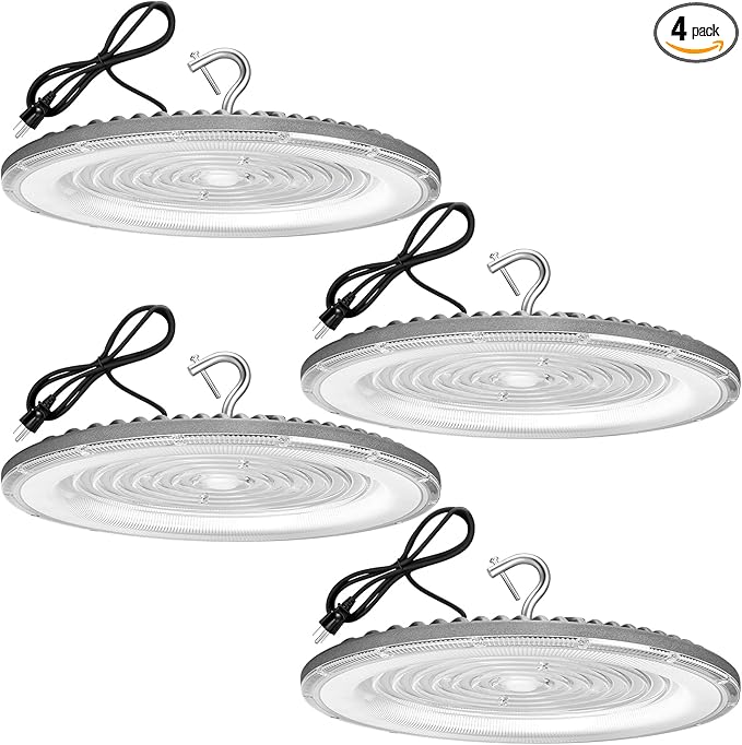 XYCN 4 Pack 250W UFO Led High Bay Light,120VAC,5000K Daylight Commercial Bay Lighting,IP66 Waterproof,41050LM,1150W MH/HPS with Plug Area Lighting for Warehouse/Shop/Workshop/Barn/Gym/Factory