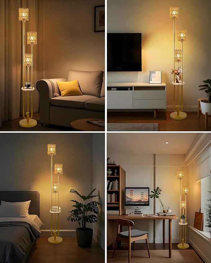 63IN Dimmable Floor Lamp with Shelf, Gold Rattan Tall Standing Lamps Candle Holder Style, 3000K Warmwhite Mid Century Modern Floor Lamp with 5Lbs Heavy Base for Living Room (Bulbs Included)