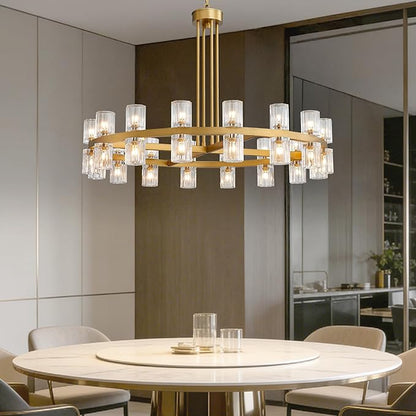 36" Gold Wagon Wheel Crystal Chandelier for Dining Room Over Table, Modern Round K9 Crystal Ceiling Chandelier Pendant Light Ideal for Living Room Entryway Foyer
