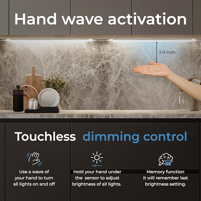 EShine Hand Wave Activated Under Cabinet LED Lighting Kit, Dimmable, 4-Pack 12 in - Touchless Dimming Control, Black Under Counter Lights for Kitchen, Garage, Shelf, Pantry - Warm White (3000K)