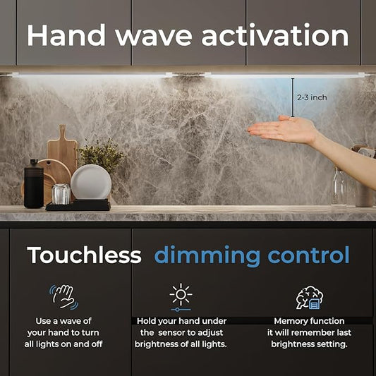 EShine Hand Wave Activated Under Cabinet LED Lighting Kit, Dimmable, 6-Pack 12 in - Touchless Dimming Control, Black Under Counter Lights for Kitchen, Garage, Office, Desk - Cool White (6000K)