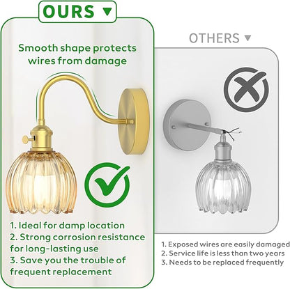Wall Sconces Lights Lamp for Bedroom Bathroom, Modern Vanity Light Fixtures, Wall Mount Lighting Vintage Tulip Amber Glass Shade for Living Room Mirror Hallway Kitchen
