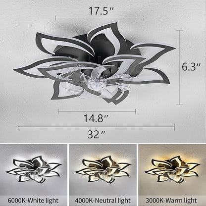 32" Modern Geometric Ceiling Fan with Lights Remote Control, Black 6 Speeds 3 Colors Low Profile Ceiling Fan with Light for Living Room