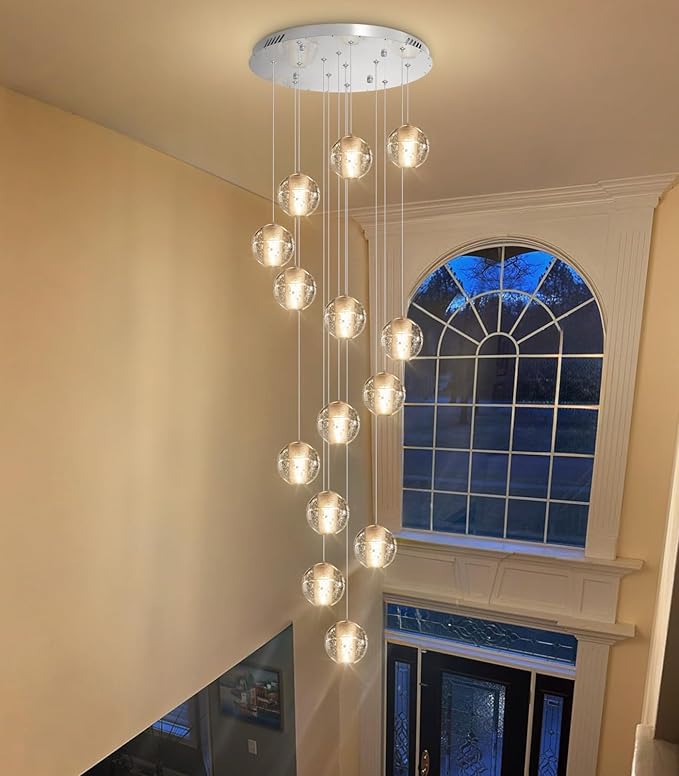HAIXIANG 14-Lights Modern Chandelier Bubble Crystal 118" Long Lights for Living Room Entrance Foyer Sloped High Ceiling Spiral Pendant Lighting Warm Ligh Bulbs Silver Lights