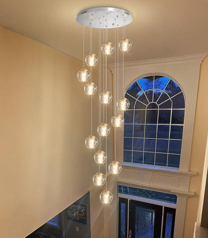 HAIXIANG 14-Lights Modern Chandelier Bubble Crystal 118" Long Lights for Living Room Entrance Foyer Sloped High Ceiling Spiral Pendant Lighting Warm Ligh Bulbs Silver Lights