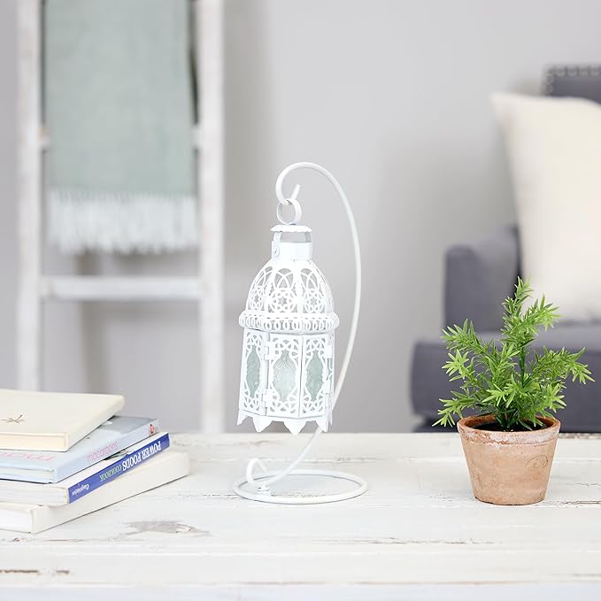 Gifts & Decor White Fancy Antique Lattice Candle Lantern with Stand