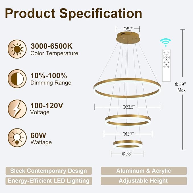3 Rings Modern LED Chandelier Gold High Ceiling Ring Chandeliers with Remote Control Circular Pendant Light Dimmable for Dining Room Living Room Bedroom Foyer Entryway 3000K-6500K