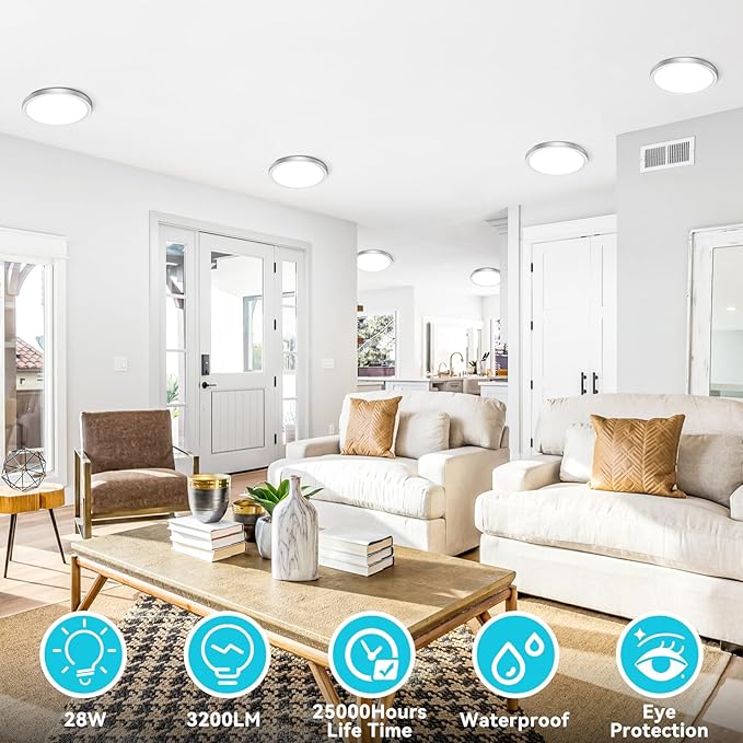 libtit 7 Inch Nickel Brushed Flush Mount Ceiling Light, 15W Ceiling Light Fixture,3000K/4000K/6500K Color Selectable,Ultra-Thin Round Ceiling Lighting Fixture for Bedroom Kitchen Pantry, 4 Pack