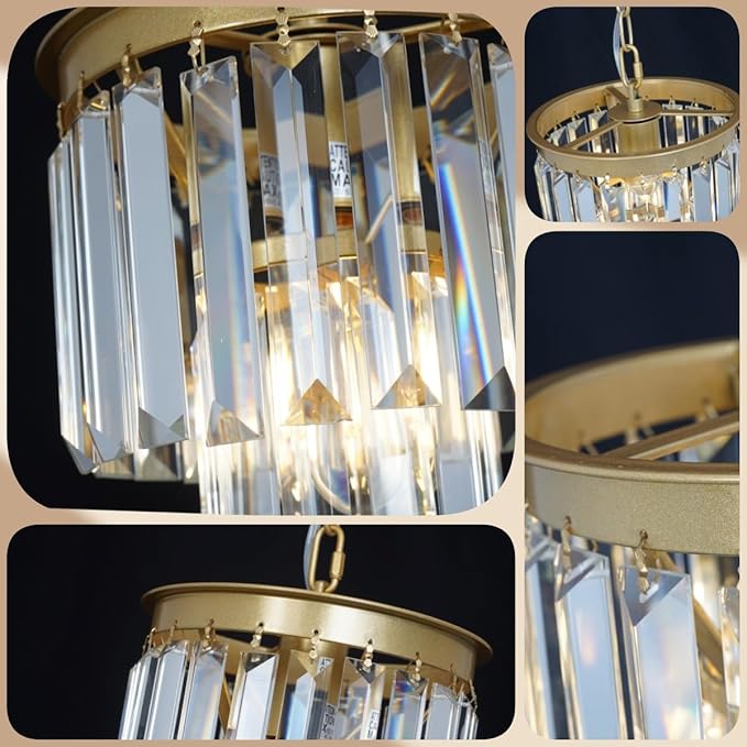 Small Gold Crystal Chandeliers for Kitchen Island Small Pendant Light Mini Contemporary Ceiling Pendant Light Fixture for Dining Room, Bedroom, Entryway 8 Inches
