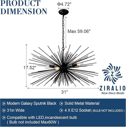 31“ Black Sputnik Chandelier Vintage 4-Lights Geometric Starburst Chandelier Light Fixture Modern Solid Metal Sputnik Chandeliers for Dining Room, Kitchen Island, Bedroom, Living Room, E12