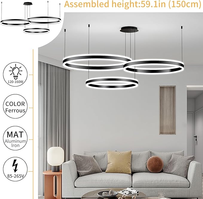 Mikeru Modern 3 Ring Chandelier Light, LED Pendant Light Fixtures with Remote Control 3000k-6500K Adjustable Color Temperature Light for Living Room, Bedroom, Kitchen（15.7+23.6+31.5IN）