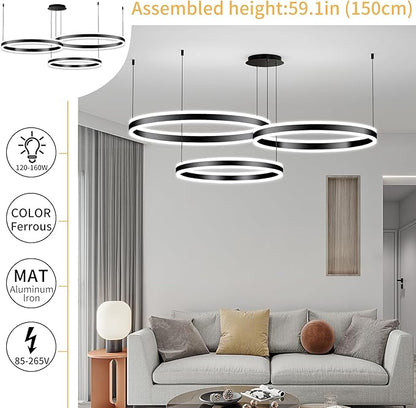 Mikeru Modern 3 Ring Chandelier Light, LED Pendant Light Fixtures with Remote Control 3000k-6500K Adjustable Color Temperature Light for Living Room, Bedroom, Kitchen（15.7+23.6+31.5IN）
