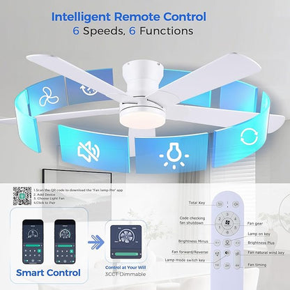 Ayaoty 52" White Ceiling Fans with Lights and Remote/APP - Flush Mount Low Profile Ceiling Fan with 5 Reversible Dual-Sided Blades, Dimmable, 1/2/4H Timer, Modern Indoor Fan Light for Kitchen, Bedroom