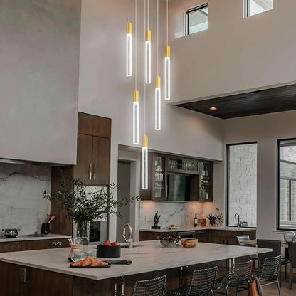 Luxury 6 Light Modern Crystal Pendant Light - 71" High Ceiling Gold LED Dimmable Pendant Light for Bedside Island Kitchen Living Room