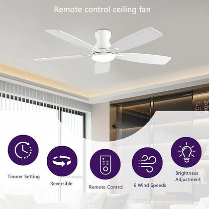 NKPU Ceiling Fans with Lights, Low Profile Ceiling Fan with Light and Remote/APP Control, DC Motor, Noiseless, Flush Mount, 52inch White Ceiling Fan for Bedroom Indoor/Outdoor Use