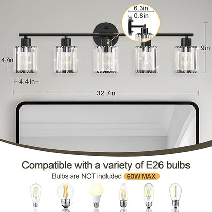 Crystal Bathroom Light Fixtures, Bathroom Lighting Fixtures Over Mirror, Modern Black 5-Light Vanity Lights for Mirror,Restroom, Bedroom (Ceramic E26 Socket,Bulbs Not Include)