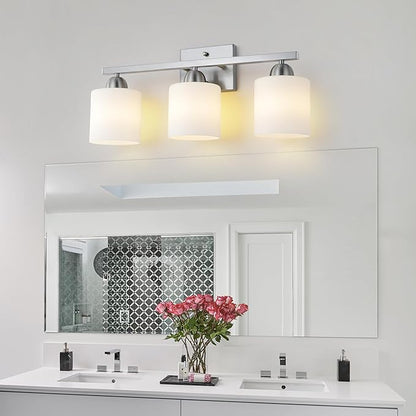 Mecgirn Stainless Steel Milk Glass Vanity Lights for Bathroom, 3 Light Brushed Nickel Bathroom Light Fixtures Over Mirror, Ceramic E26 Sockets Wall Mounted