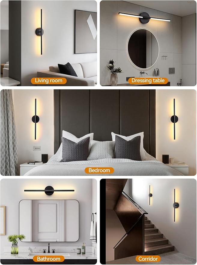 Battery Operated Wall Sconces Set of 2, Rechargeable LED Wall Lights with Remote & Touch Control, 350° Rotatable, 30 Inch Black Dimmable & Timer Modern Wireless Wall Lamps for Bedroom Living Room