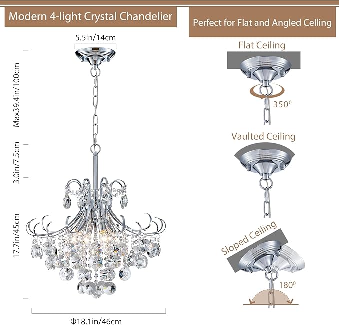 18" Modern Crystal Chandelier, 4-Light Pendant Ceiling Lamp for Dining Living Room Bedroom Kitchen, Chrome Hanging Light Fixture