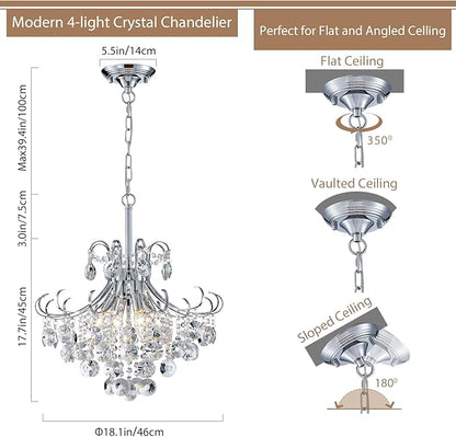 18" Modern Crystal Chandelier, 4-Light Pendant Ceiling Lamp for Dining Living Room Bedroom Kitchen, Chrome Hanging Light Fixture
