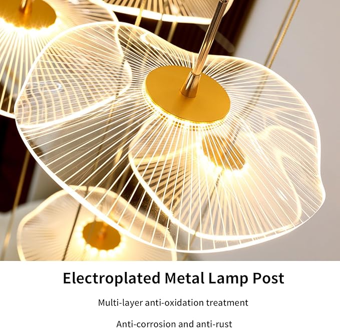 ziidoo High Ceiling Chandelier - 32-Light Dimmable Modern Gold Long Spiral Luxury Linear Lotus Leaf Led Lamp Hanging Pendant Lights for Foyer Enterway Staircase Villas